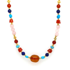 18K GOLD PLATED AMBER NECKLACE WITH TURQUOISE, CORAL, LAPIS LAZULI, RED AGATE AND PINK QUARTZ 