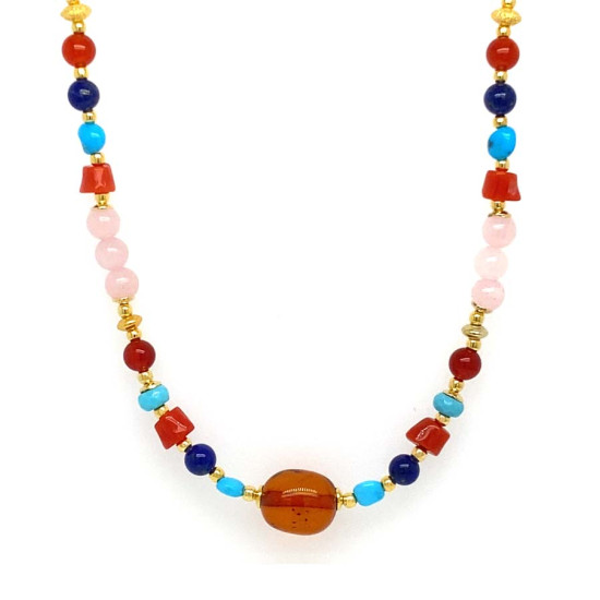 18K GOLD PLATED AMBER NECKLACE WITH TURQUOISE, CORAL, LAPIS LAZULI, RED AGATE AND PINK QUARTZ 18K GOLD PLATED AMBER NECKLACE WITH TURQUOISE, CORAL, LAPIS LAZULI, RED AGATE AND PINK QUARTZ