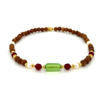WOOD ANKLET WITH GREEN AMBER STONE,WITH RUBI AGATE AND PEARL