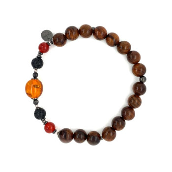 AMBER BRACELET WITH RED AGATE, VOLCANIC STONE AND SANDALWOOD