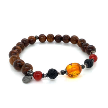 AMBER BRACELET WITH RED AGATE, VOLCANIC STONE AND SANDALWOOD