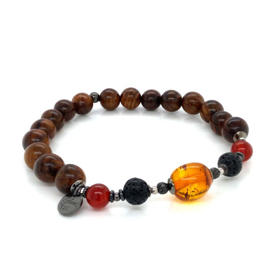 AMBER BRACELET WITH RED AGATE, VOLCANIC STONE AND SANDALWOOD