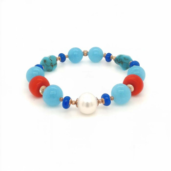 18K GOLD PLATED AQUAMARINE BRACELET WITH CORAL , HALOLITE , PEARLS , LAPIS 