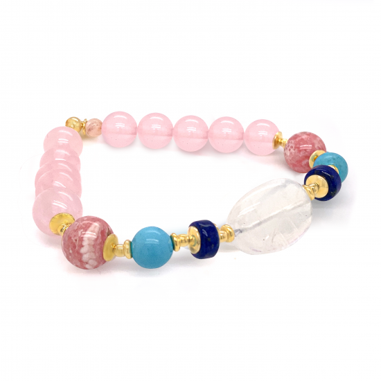 18k gold plated Moon stone bracelet with Lapis ,  turquoise , Rhodochrosite  and pink quarts 