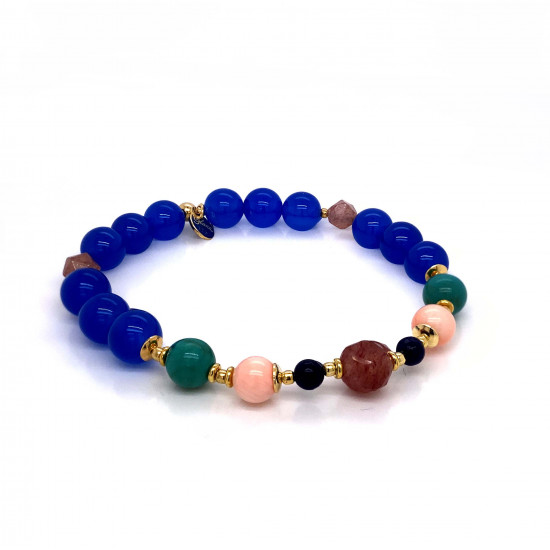 gold plated CHERRY QUARTZ WITH LAPIS AND PINK CORAL AND BLUE AGATE BRACELET
