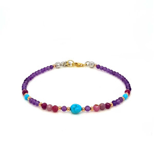 18K GOLD PLATED TURQUOISE BRACELET WITH AMETHYST AND RUBY