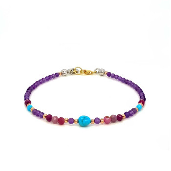18K GOLD PLATED TURQUOISE BRACELET WITH AMETHYST AND RUBY