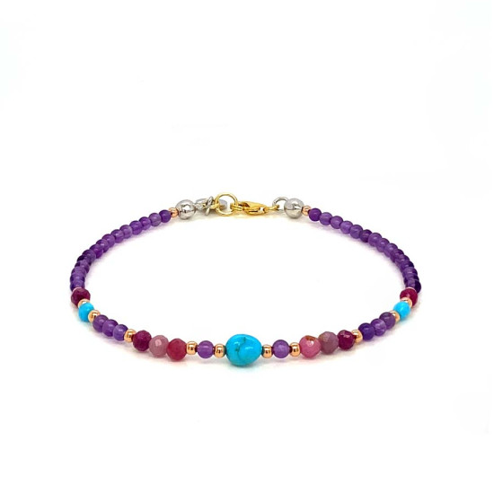 18K GOLD PLATED TURQUOISE BRACELET WITH AMETHYST AND RUBY