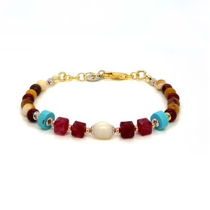 18K GOLD PLATED PINK CORAL BRACELET WITH TURQUOISE AND RUBY