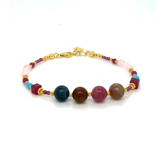 18K GOLD PLATED MULTI-COLORED TOURMALINE BRACELET WITH RUBY, TURQUOISE, PINK QUARTZ, AND GARNET