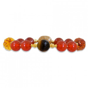 Amber bracelet with red agate, tiger eye, and setrien stones
