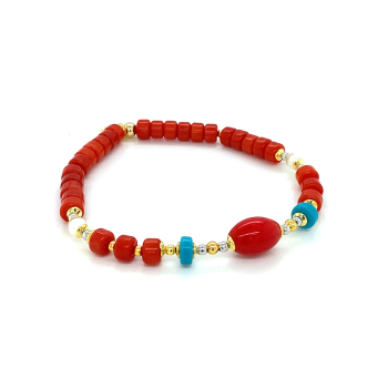 GOLD PLATED TURQUOISE BRACELET WITH RED CORAL AND PEARL