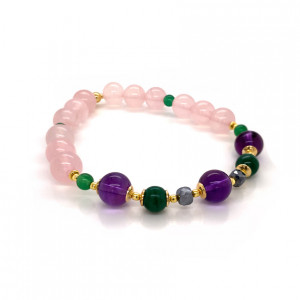 Amethyst bracelet with hematite, malachite, green onyx and pink quartz stones