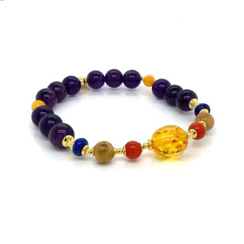 Amber bracelet with coral, gold thread, lapis and amethyst