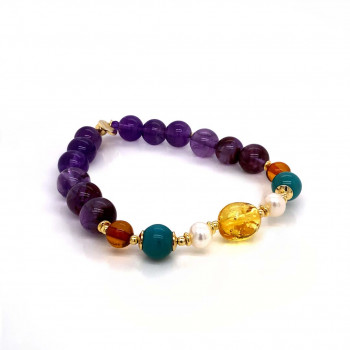 AMBER WITH PEARL AND TURQUOISE AND AMASTRIN AND AMETHYST BRACELET