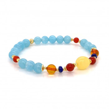 AMBER WITH RED AGATE,LAPIS, AMBER AND AQUAMARINE BRACELET