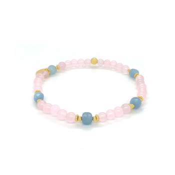 18K GOLD PLATED PINK QUARTZ BRACELET WITH AQUAMARINE 