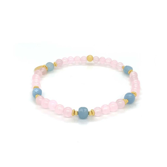 18K GOLD PLATED PINK QUARTZ BRACELET WITH AQUAMARINE 18K GOLD PLATED PINK QUARTZ BRACELET WITH AQUAMARINE