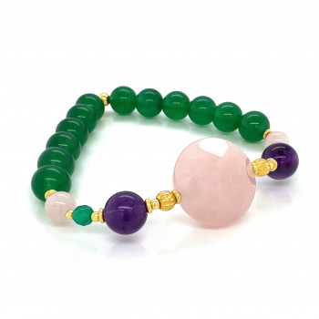 gold plated pink quartz , amethyst and green jade 
