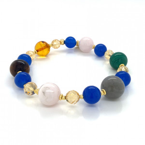 gold plated pink quartz bracelet with Malachite, blue agate, amber and citrine.