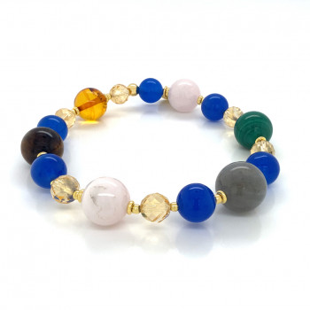 gold plated pink quartz bracelet with Malachite, blue agate, amber and citrine.