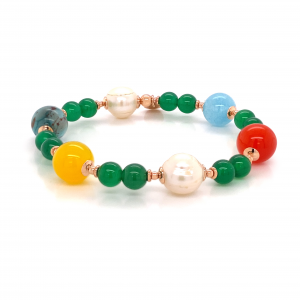 gold plated Green agate bracelet with pearls, jasper, orange and yellow agate.