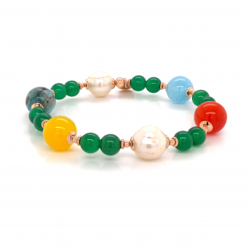 gold plated Green agate bracelet with pearls, jasper, orange and yellow agate.