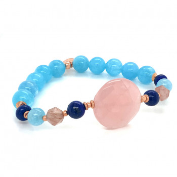 Gold plated Pink quartz bracelet ,Lapis , Cherry quartz and Aquamarine
