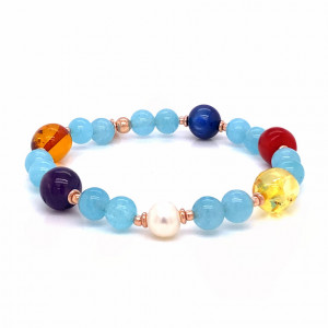 Amber bracelet with aquamarine, pearl, coral, amethyst and kyanite