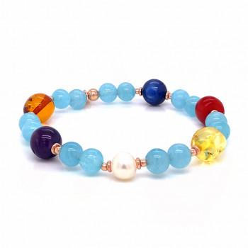 Amber bracelet with aquamarine, pearl, coral, amethyst and kyanite