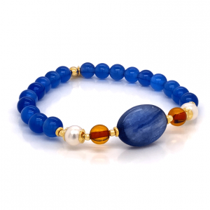 gold plated kyanite bracelet with amber , pearl, blue agate 