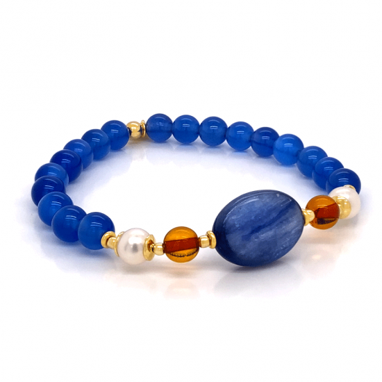 gold plated kyanite bracelet with amber , pearl, blue agate 