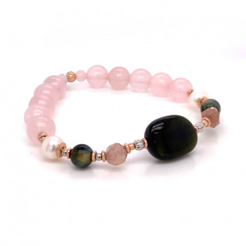 tourmaline bracelet with cherry quartz ,tiger eye, pearl and pink quartz