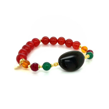 Black Opal with green and red agate  , ruby agate and amber .