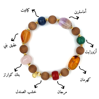  GOLD PLATED CHAKRAS BRACELET WITH KYANITE , PINK QUARTZ , ORANGE AGATE , AMACITRINE , AZURITE , AMBER CORAL AND SANDAL WOOD 
