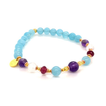 18K GOLD PLATED AMETHYST BRACELET WITH AQUAMARINE, RUBY AND MOONSTONE