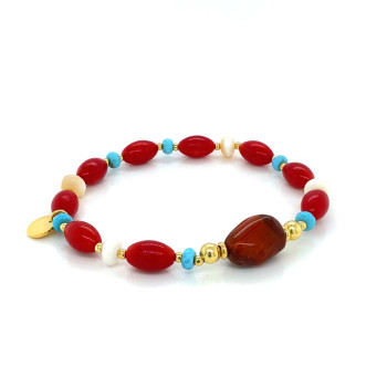 18K GOLD PLATED FIRE OPAL BRACELET WITH , TURQOISE , CORAL AND SEASHIL 