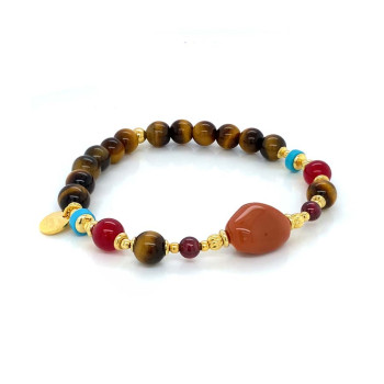 18K GOLD PLATED FIRE OPAL BRACELET WITH , TURQOISE , GARNET, RUBI AGATE , TIGER-EYE 
