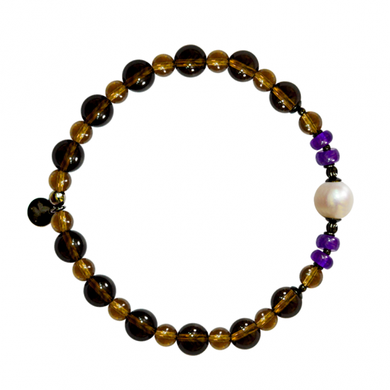 pearl bracelet  with amethyst and smoke topaz stones