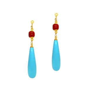 18 GOLD PLATED TURQUOISE AND CORAL EARRINGS