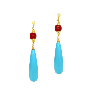 18 GOLD PLATED TURQUOISE AND CORAL EARRINGS