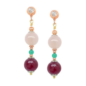 ROSE GOLD PLATED EARRING WITH PINK QUARTZ , GREEN AGATE , RUBI AGATE AND ZIRCON 