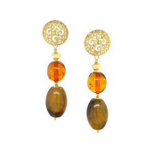 GOLD PLATED AMBER WITH TIGER-EYE EARRINGS 