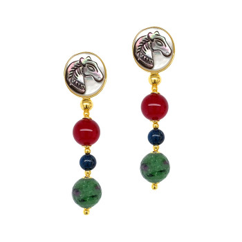 18K GOLD PLATED HORSE SHELL EARRING WITH RUBI AGATE , AZURITE , RUBI ZOISITE