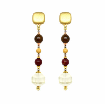 GOLD SQUARE EARRINGS WITH CHINESE AGATE, JASPER, AND LEMON QUARTZ