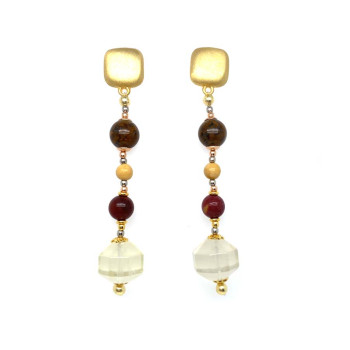 GOLD SQUARE EARRINGS WITH CHINESE AGATE, JASPER, AND LEMON QUARTZ
