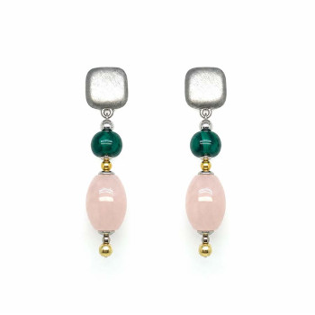 SILVER SQUARE EARRING WITH A NEAR-SQUARE MALACHITE STONE AND AN OVAL PINK QUARTZ STONE