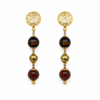 ORNATE ROUND EARRINGS WITH GOLDEN YUSR, GOLD-PLATED VOLCANIC STONE, AND GOLD THREADS