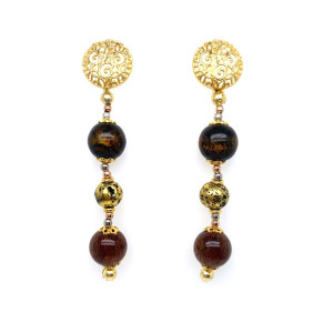 ORNATE ROUND EARRINGS WITH GOLDEN YUSR, GOLD-PLATED VOLCANIC STONE, AND GOLD THREADS