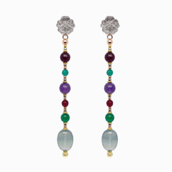 SILVER FLOWER EARRINGS WITH FACETED RUBY AGATE, FACETED GREEN AGATE, FACETED AMETHYST, FACETED GREEN JADE, AND MULTICOLOR TOURMALINE